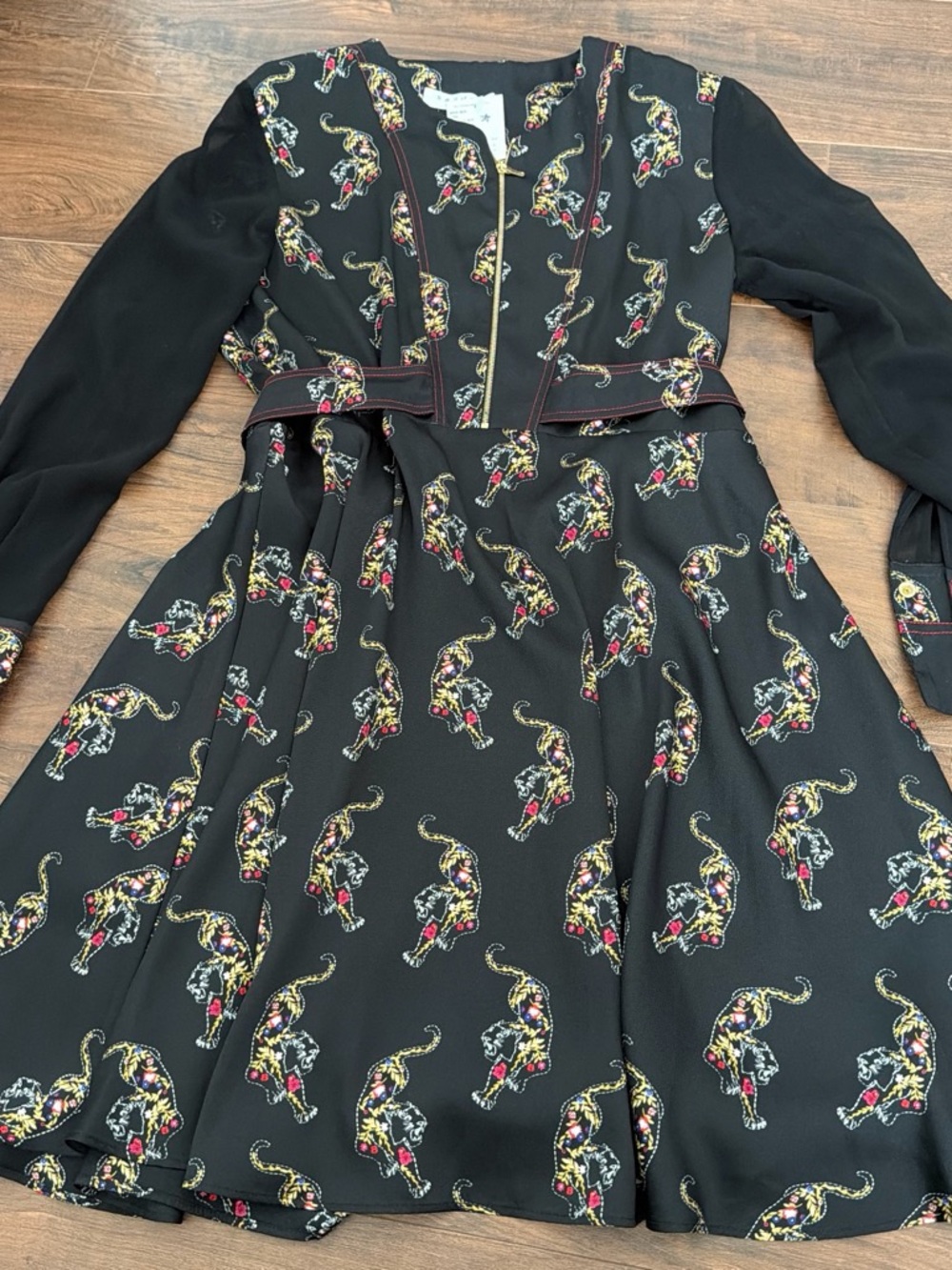 Sandro Black Long-Sleeve Fit & Flare Dress with Multicolor Leopard Motif